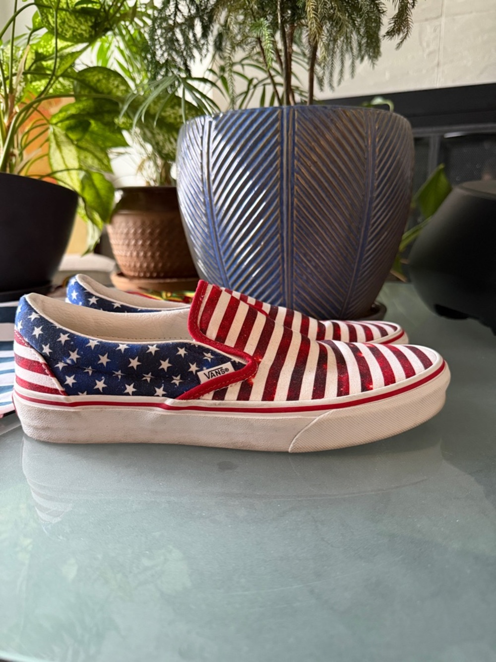 Vans Slip-On Sneakers in Red, White & Blue American Flag Print